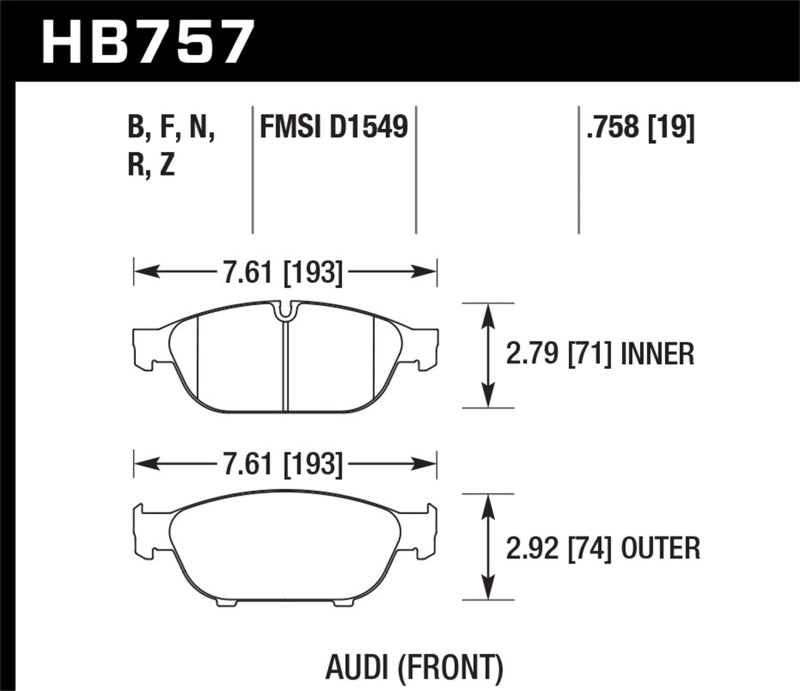 Hawk HB757B.758 Audi 2013 A5 Quattro / 12-16 A6 Quattro/A7 Quattro/A8 Quattro HPS 5.0 Front Brake Pads