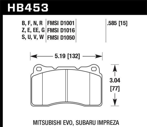 Hawk HB453B.585 Street 5.0 Front Brake Pad Brembo 03-06 Evo / 04-14 STI / 09-10 Evo / 09-10 Genesis / 04-08 TL