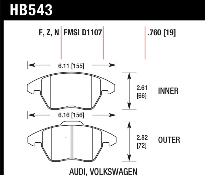 Hawk HB543G.760 Audi A3/TT / VW EOS / Golf / Jetta / Passat / Rabbit DTC-60 Front Race Brake Pads