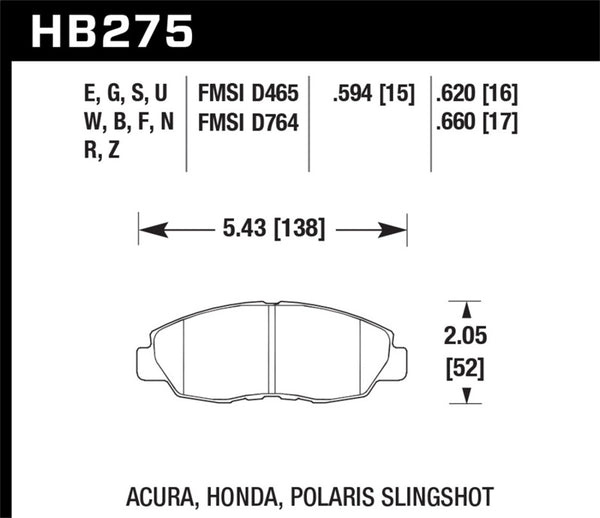 Hawk HB275U.620 96-15 Honda Civic (Coupe/Sedan) DTC-70 Race Front Brake Pads