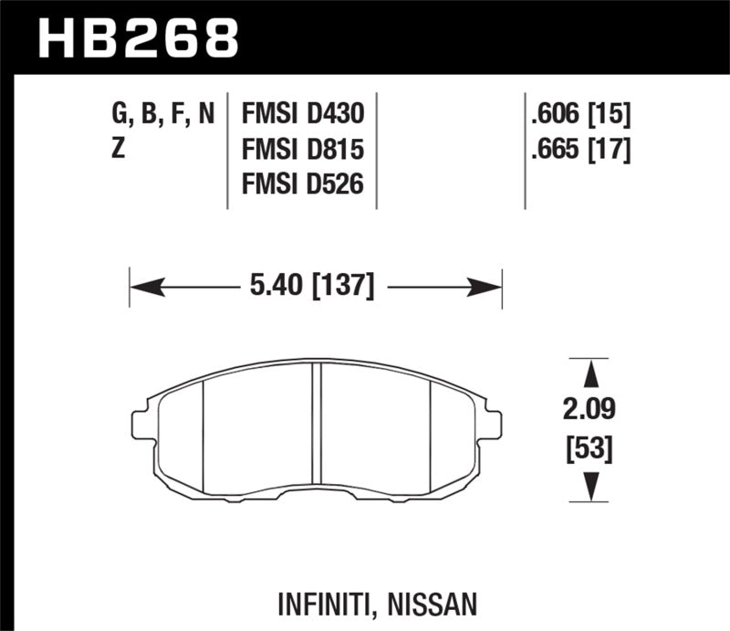 Hawk HB268N.665 03-04 G35/03-05 G35X/ 02-05 350z w/o Brembo HP+ Street Front Brake Pads