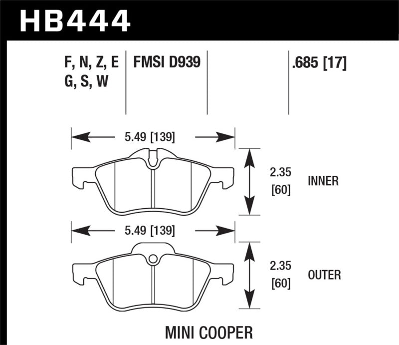 Hawk HB444N.685 02-06 Mini Cooper / Cooper S HP+  Street Front Brake Pads