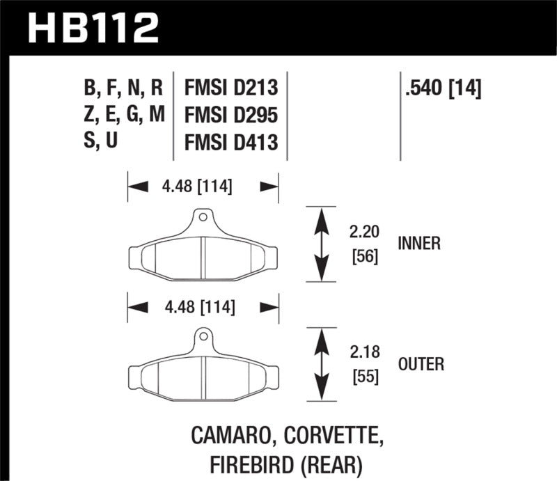 Hawk HB112M.540 85-97 Chevrolet Camaro w/Rear Disc Brakes / 84-96 Chevrolet Corvette Black Race Rear Brake Pads