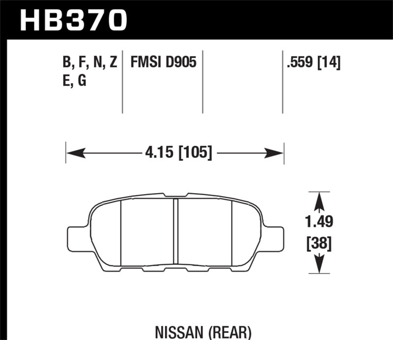 Hawk HB370G.559 03-07 350z / G35 / G35X w/o Brembo DTC-60 Race Rear Brake Pads