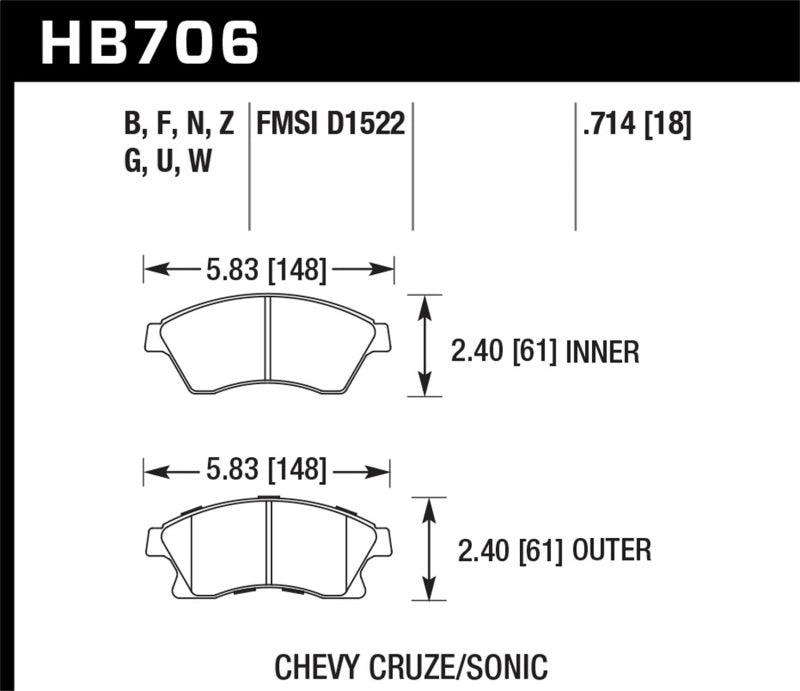 Hawk HB706G.714 11-12 Chevy Cruze Eco/LS/1LT/2LT/LTZ / 12 Sonic LS/LT/LTZ DTC-60 Front Race Brake Pads