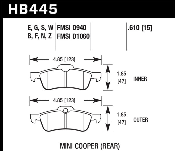 Hawk HB445E.610 02-06 Mini Cooper / Cooper S  Blue Race Rear Brake Pads