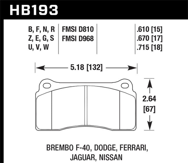 Hawk HB193G.670 03-06/08-09 Dodge Viper / 88-92 Ferrari F40 / 95-97 F50 DTC-60 Race Brembo Brake Pads