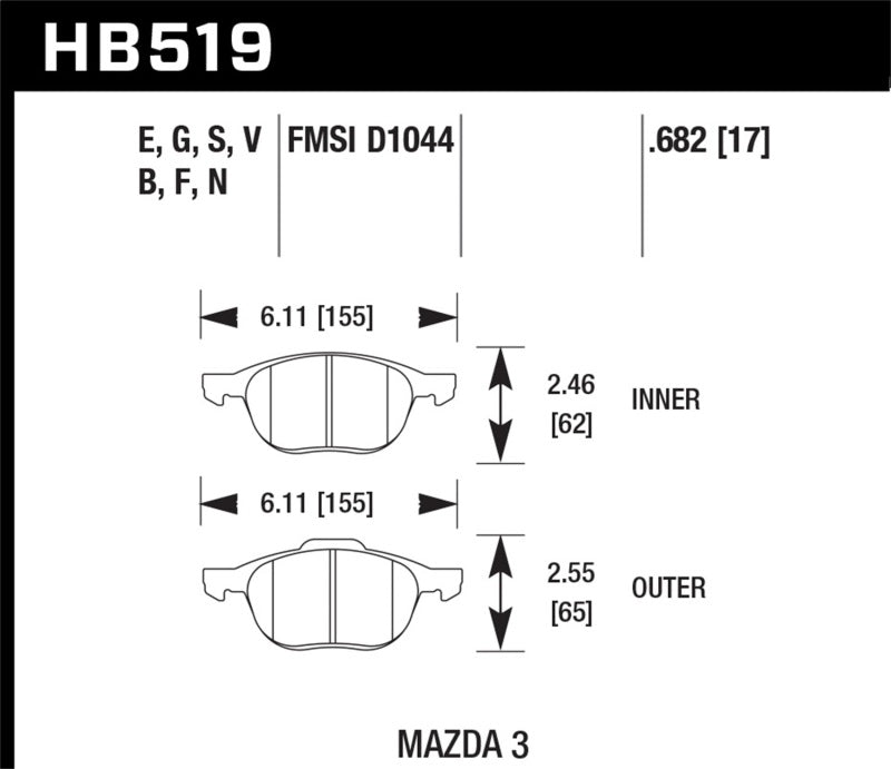 Hawk HB519F.682 HPS 08-09 Mazda 3 / Ford/ Volvo HPS Street Front Brake Pads