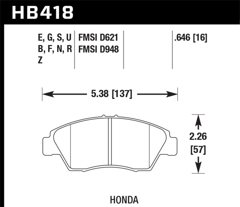 Hawk HB418N.646 02-06 RSX (non-S) Front / 03-09 Civic Hybrid / 04-05 Civic Si HP+ Street Rear Brake Pads