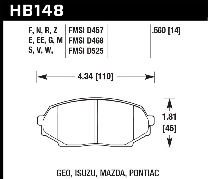 Hawk HB148E.560 89-93 Miata Blue 9012 Race Front Brake Pads D525